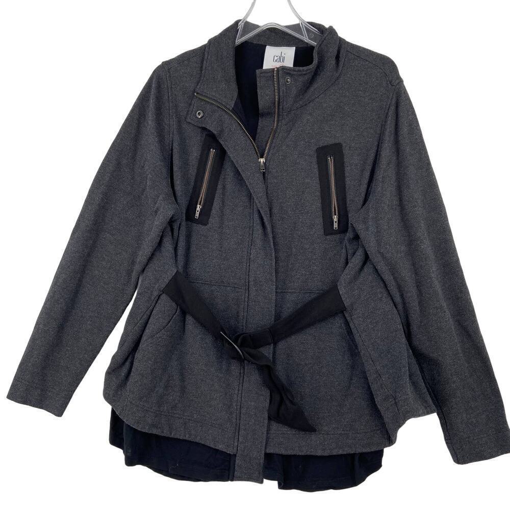 Cabi Belted Jacket Women's Size L Black Gray Zip Up Lined Stretch Knit